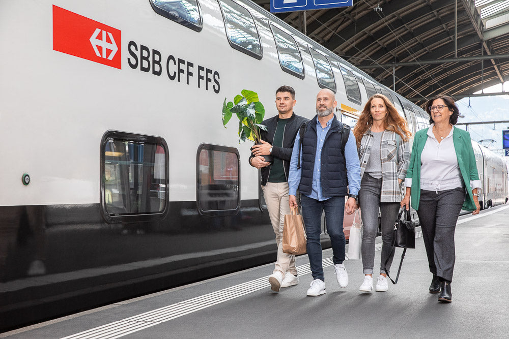 Eine Gruppe von vier Personen, bestehend aus zwei Männern und zwei Frauen, läuft lächelnd nebeneinander auf einem Bahnsteig entlang eines SBB-Doppelstockzugs. Einer der Männer trägt eine grüne Topfpflanze, während die anderen Einkaufstaschen und Handtaschen bei sich haben. Die Szene spielt sich an einem überdachten Bahnhof mit modernen Strukturen und einer sichtbaren Gleisanzeige im Hintergrund ab.