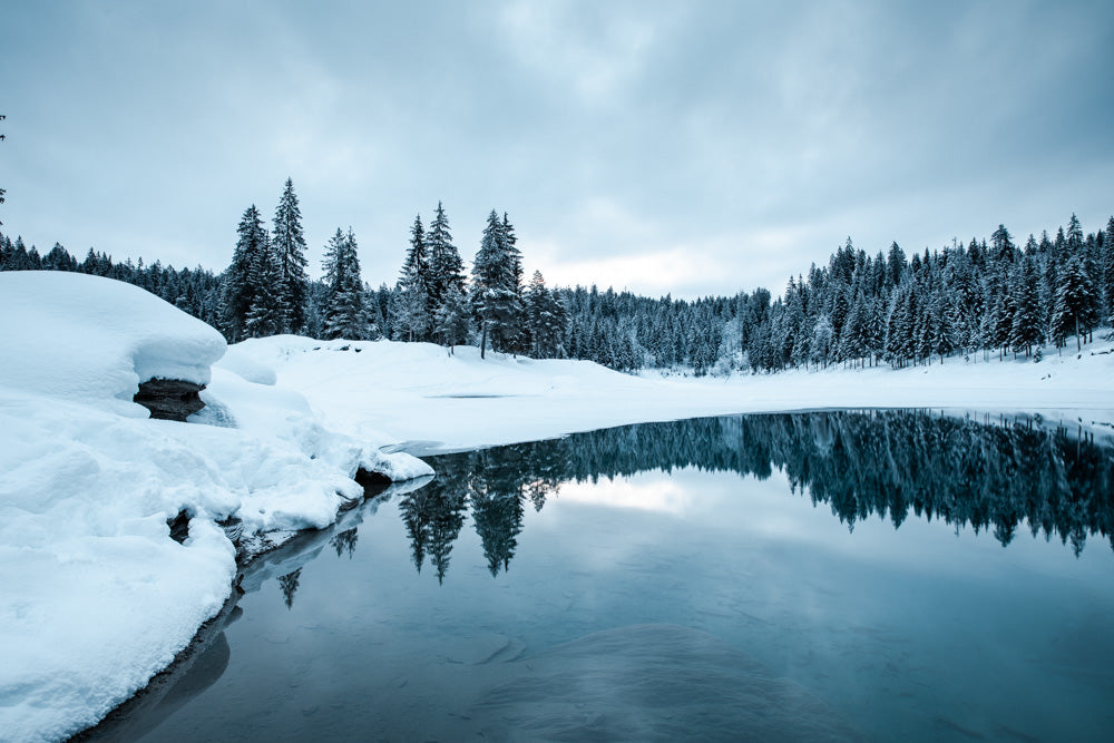 Serene winter landscape with a snow-covered alpine lake reflecting the surrounding evergreen trees in Switzerland. The calm, icy water mirrors the snowy forest, creating a peaceful and picturesque scene.